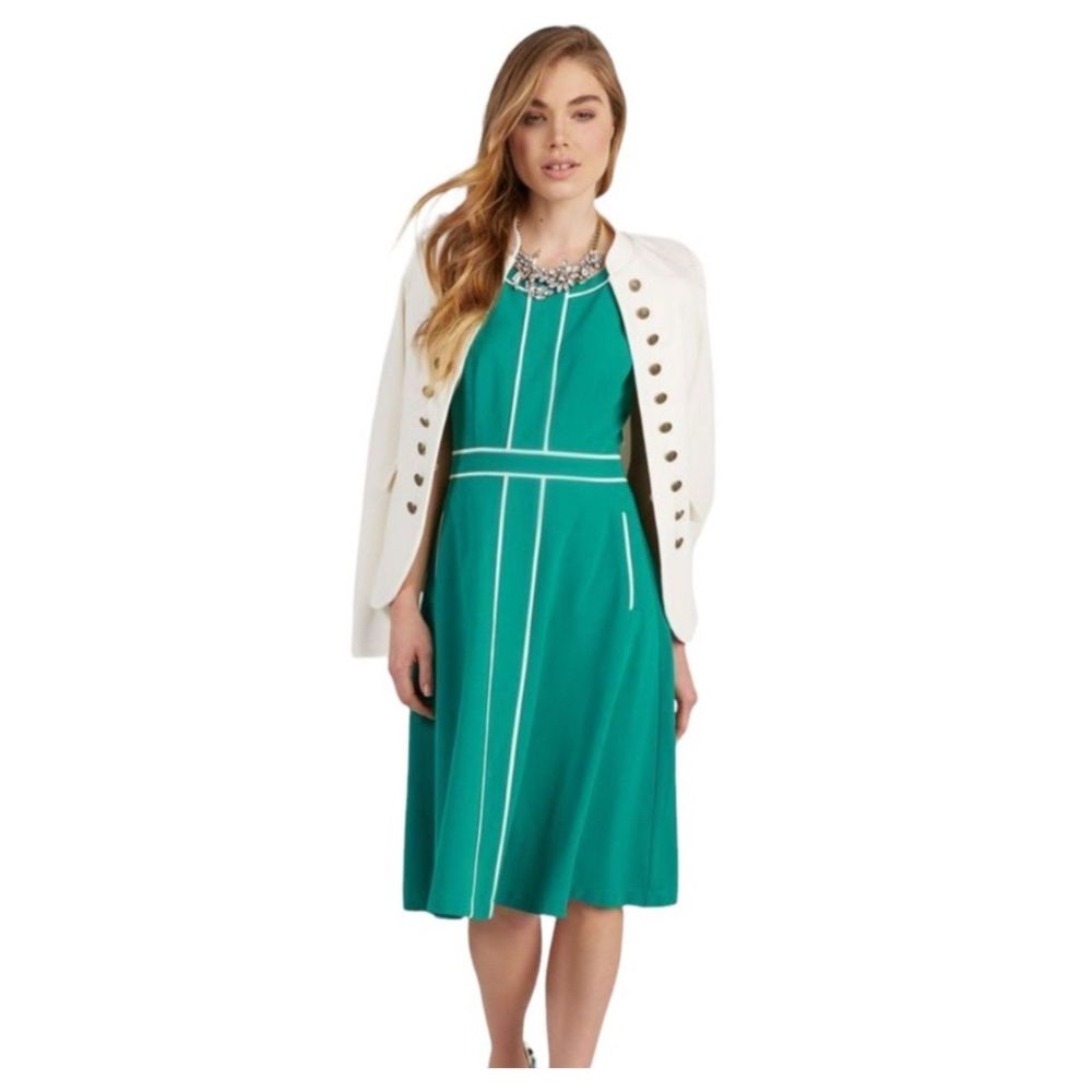 MODCLOTH Roving Reporter Jade Green White Piping Sleeveless Dress